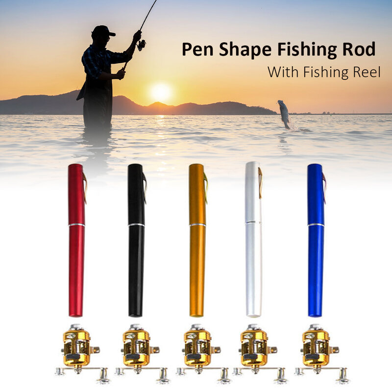 Canne à pêche télescopique Portable Mini stylo 1m, accessoire pliable avec moulinet, 5 couleurs, livraison directe