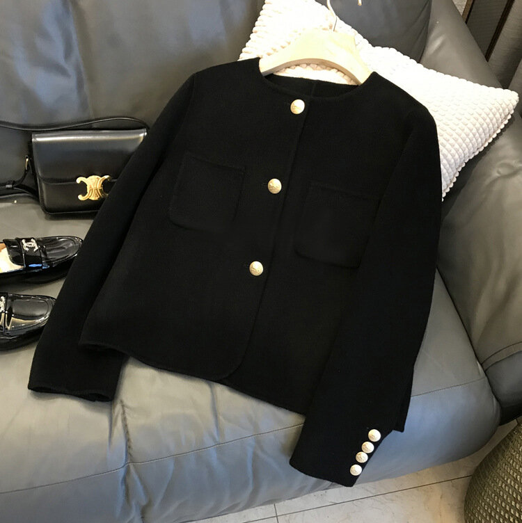 Ponto de lã vintage duplo-face pano elegante pequeno em torno do pescoço temperamento único breasted curto lã casaco feminino