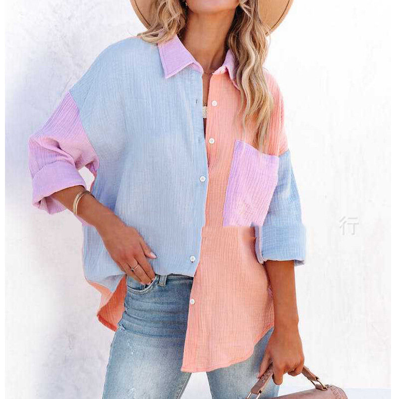 Summer Shirt Top Women Casual Solid Color Stitching Loose Shirt Women Long Sleeve Single-Breasted Turn-down Collar Pocket Shirt