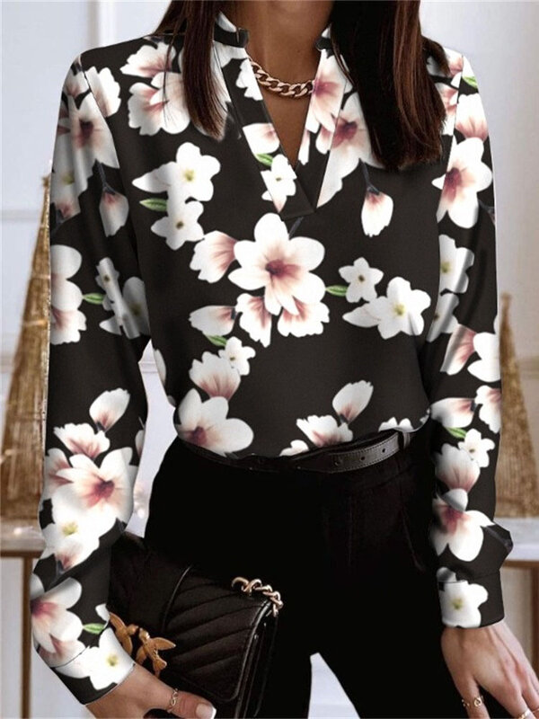 Women 2022 Spring Elegant V-Neck Blouse Popular Vintage Flowers Print Slim Shirt Autumn Office Ladies Fashion Long Sleeve Tops