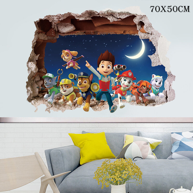 Pegatinas de pared decorativas 3D de la patrulla canina para niños, pegatinas de dibujos animados de gran tamaño para decoración del hogar, juguetes, regalos, Chase Ryder Skye, 70x50cm