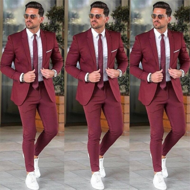 Notched Lapel Custom Burgundy Men Suit Blazers For Party Prom Elegant 2 Pieces Jacket + Pants Groom Wedding Suits Mens Tuxedos