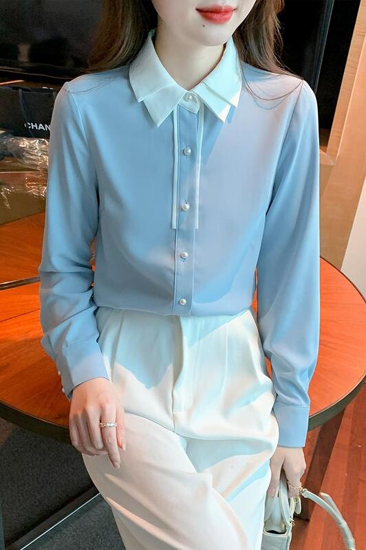 Camisa de gasa para mujer, Blusa de manga larga con cuello de muñeca, estilo Retro, para oficina, Primavera, 2022