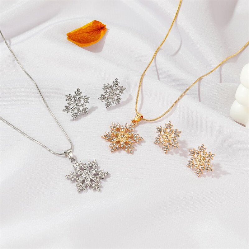 Conjunto de 2 unids/set de collar y pendientes de copo de nieve para Navidad, accesorios de joyería de lujo, regalos de fiesta de San Valentín, Color plateado 2020