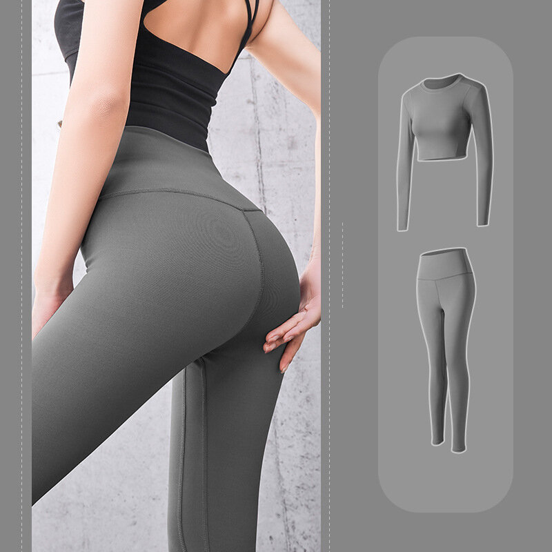 CATKKAY 2PCS Seamless Women Yoga Set Workout Sportswear Gym Clothes Fitness Long Sleeve Crop Top High Waist Leggings Sports Suit