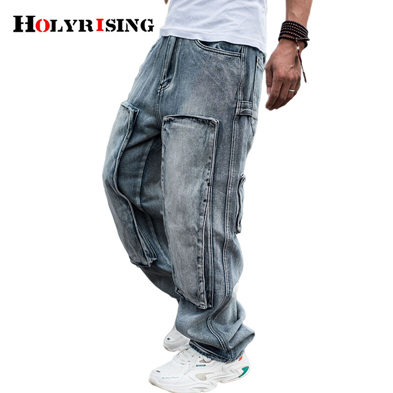 سروال جينز فضفاض للرجال من HOLYRISING بنطال جينز هيب هوب طويل كامل فضفاض بأرجل واسعة لفصل الربيع والخريف موديل Nz243