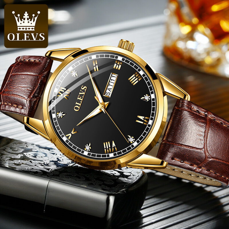 OLEVS – montre-bracelet à Quartz pour hommes, grande qualité, étanche, bracelet en Corium, mode, affichage lumineux de la semaine