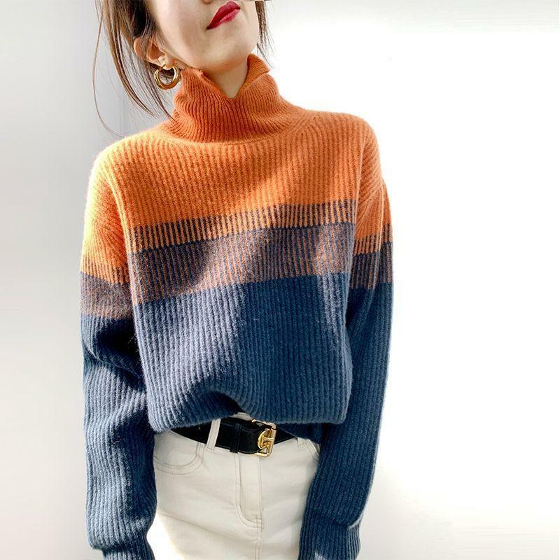 Sweter Kontras Leher Tinggi Wanita 2022 Sweter Gradien Baru Musim Gugur Musim Dingin Kemeja Bawah Longgar Sweter Rajut Pullover