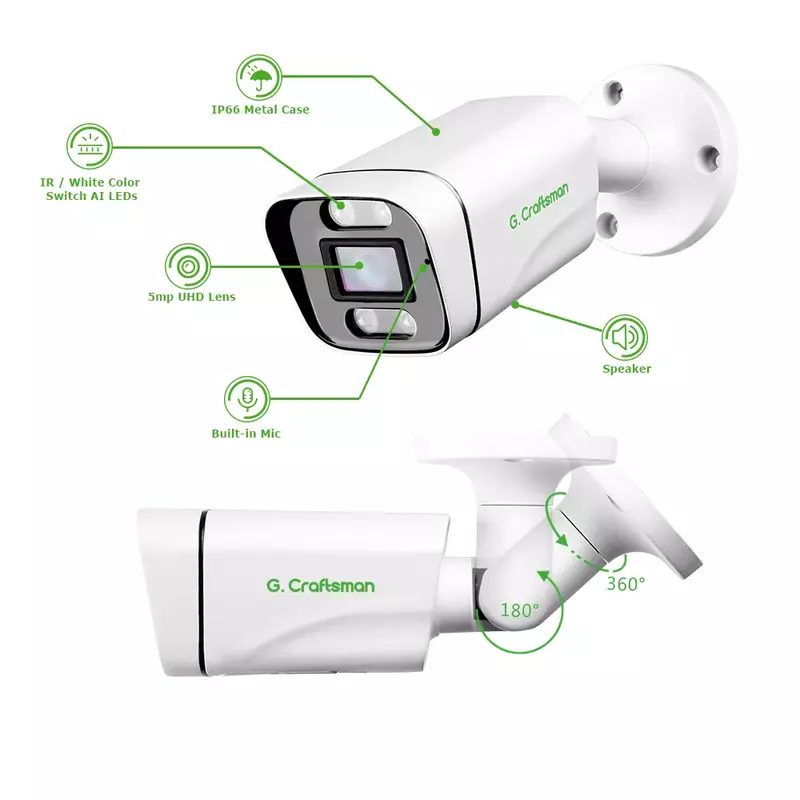 XMEye 5MP Security POE IP Camera Human Detection H.265 Outdoor Video Surveillance AI Camera ONVIF System GCraftsman
