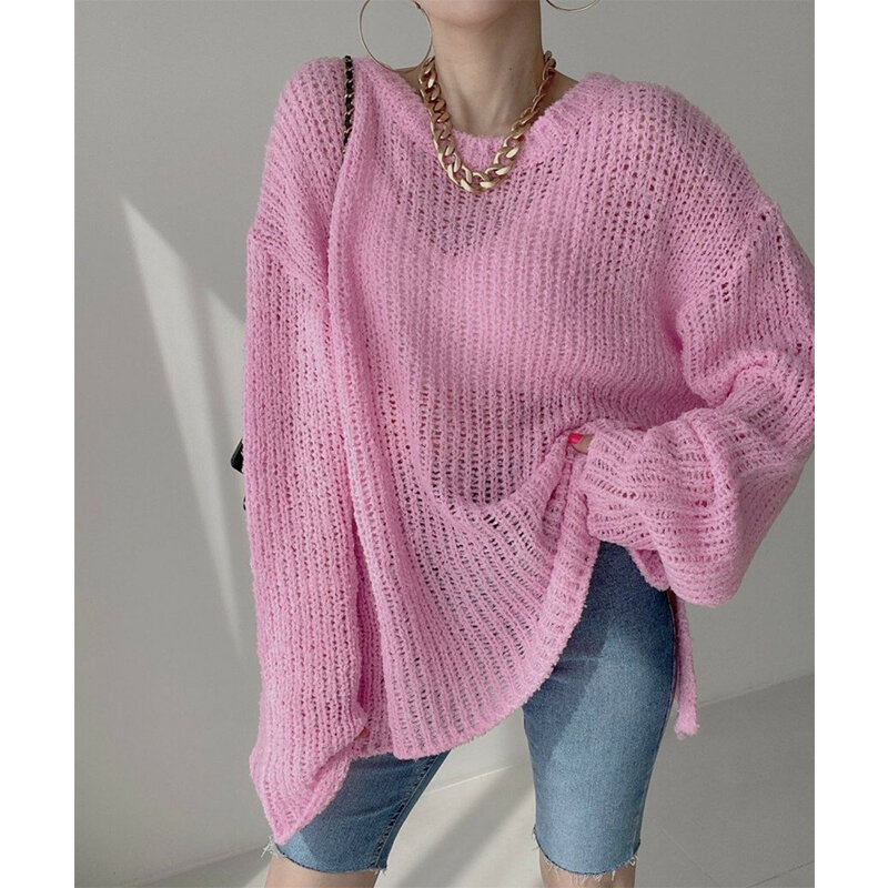 Odzież damska koreański prostota sweter z dzianiny wokół szyi z długim rękawem Casual Vintage Fashion workowate topy damskie jesień