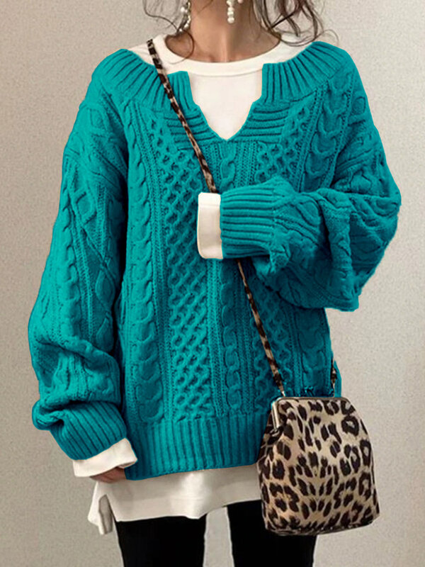 Suéter de punto con cuello en V para mujer, ropa informal holgada, Tops de moda, suéter de Color sólido, Otoño e Invierno