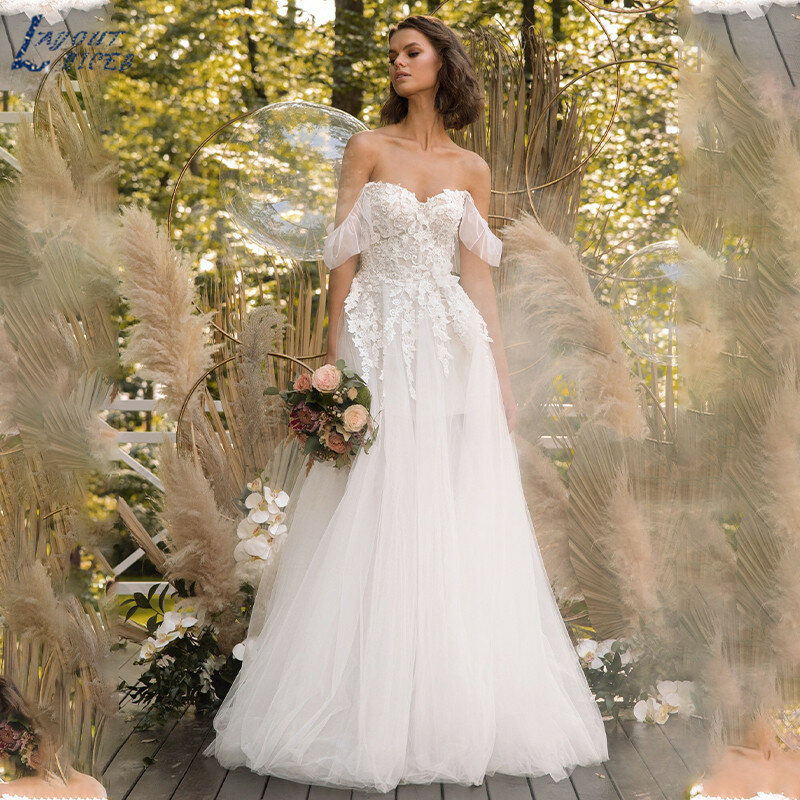 Off Shoulder Beach Wedding Dress Side Slit High Cut Tulle Bride Gowns Lace Appliques A-Line Sweetheart