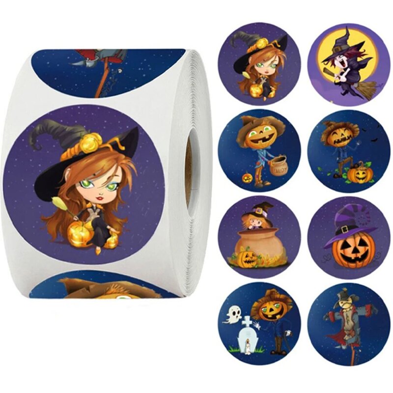 Pegatinas redondas de esqueleto de Halloween para decoración de Halloween, etiquetas de sellado de sobres, pegatinas de bolsa de caramelo, calabaza, 100-500 piezas