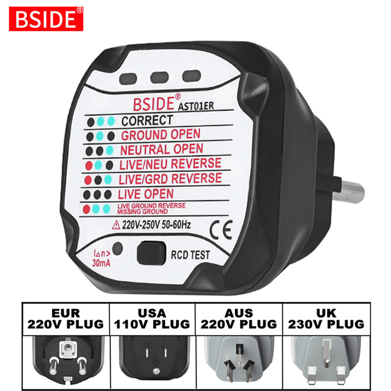 BSIDE AST01 Electric Socket Tester EU Plug US UK AU RCD GFCI Test Outlet Ground Zero Line Plug Polarity Phase wire Wall check