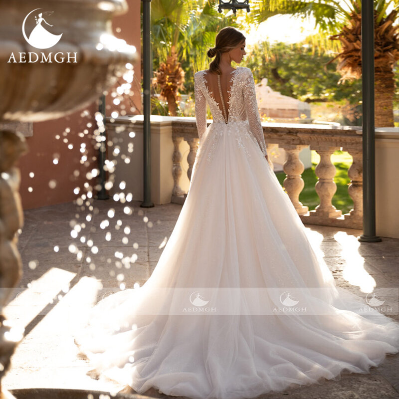 Aedmgh A-Line Shiny Wedding Dresses 2023 V-Neck Long Sleeve Robe De Mariee Lace Beaded Sequined Luxury Elegant Vestido De Novia