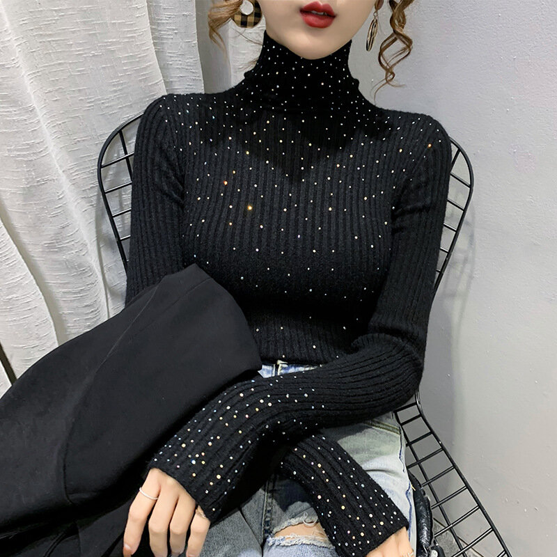 MOVOKAKA Winter Turtleneck Sweaters Women Sparkling Diamond Tops Slim Fit Pullover Women Knitted Sweater Jumpers Thick Warm Pull