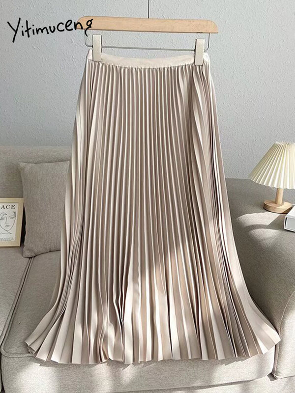 Юбка Yitimuceng Женская плиссированная средней длины, Элегантная модная офисная дизайнерская длинная юбка с завышенной талией, с эластичным поя...