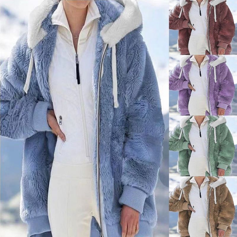 2022 European And American Style Autumn And Winter Popular New Loose Casual Plush Polyester Zipper Solid Color Hooded Jacket