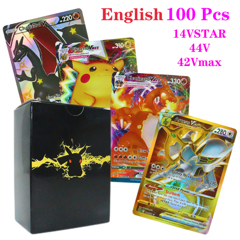 Pokemon-Tarjetas de papel en inglés, francés, español, Pikachu, Charizard, Mewtwo, Vmax, MEGA, colección de pasatiempos, juguetes de regalo, 55-100, piezas