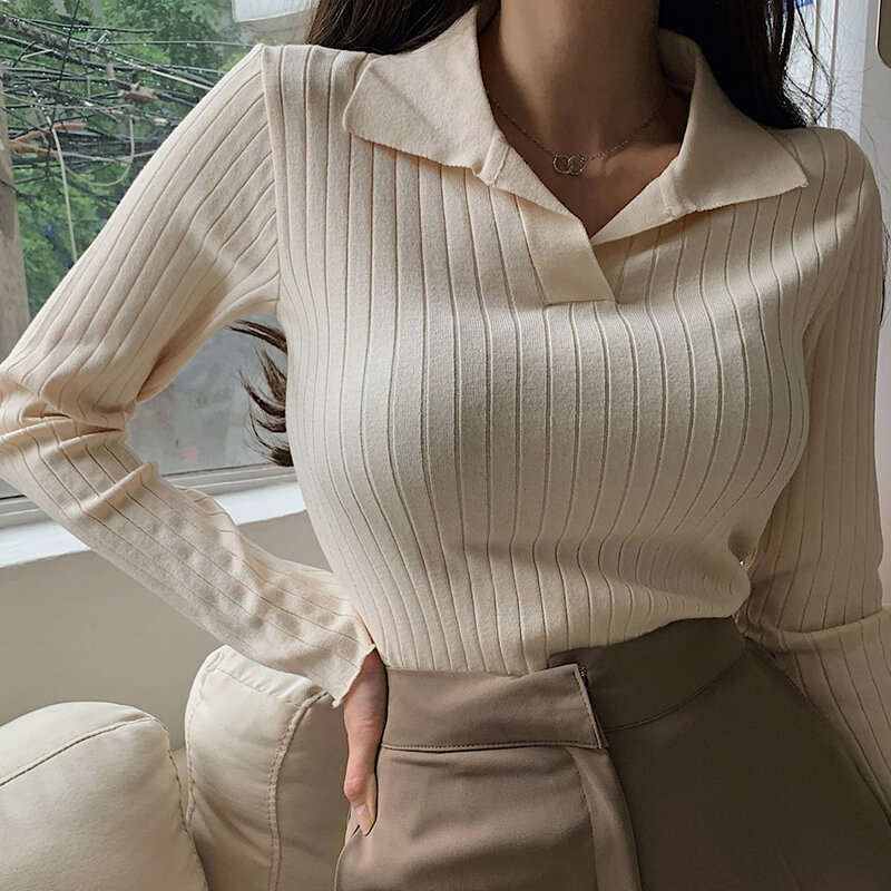Korean Style Turn-Down Collar Women Sweater Autumn Long Sleeve Casual Pullovers Knitted Sweaters Womens Clothes Sueters De Mujer