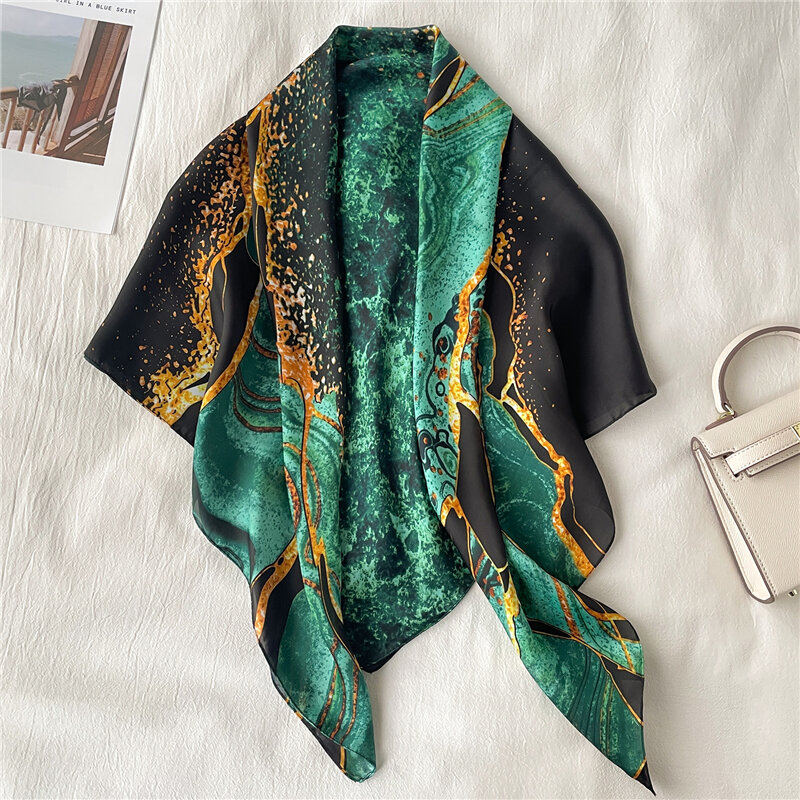 Lenço quadrado de seda de cetim xadrez lenço feminino hijab neckerchief bandana muçulmano cachecóis xales envoltório faixa de cabelo silenciador foulard 90*90cm