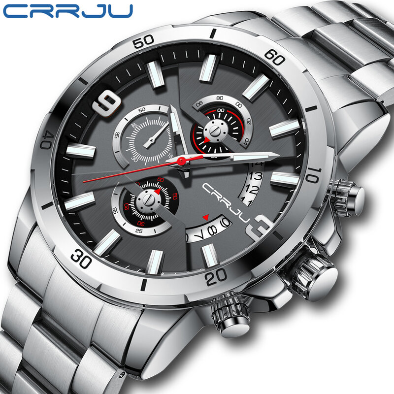 CRRJU Black Grey Multifunctional Timepiece Men Watch IP Stove High-end Electroplating Solid Stainless Steel Strap 30M Waterproof