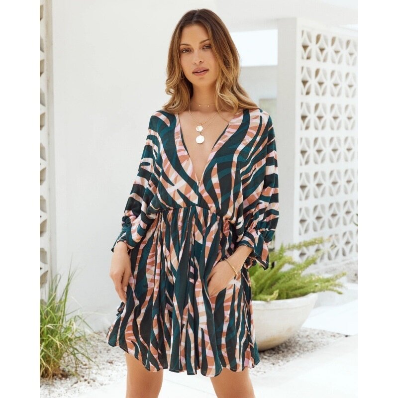 Plus size New and 2022 Sexy Spring Fashionable and Summer Color Stripe Printing V-neck Strappy Long-sleeved Dress