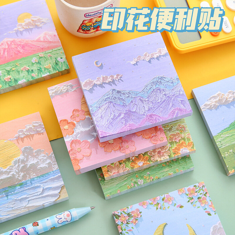 Korean Cartoon Landscape Oil Sticky Notes Simple Message Memo Pads Painted Plan Label Paper Kawaii Stationery Student Office Tag