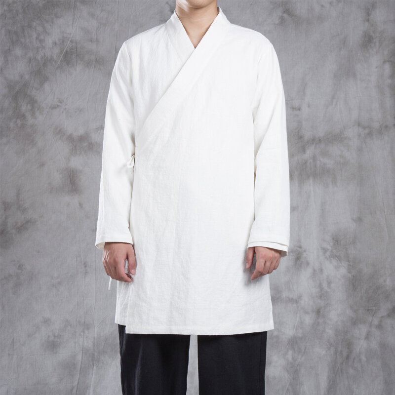 2023 النمط الصيني تحسين Hanfu قمصان الرجال الشباب تانغ دعوى الرجعية نمط الكتان سترة مقطع طويل متدلي سترة رداء