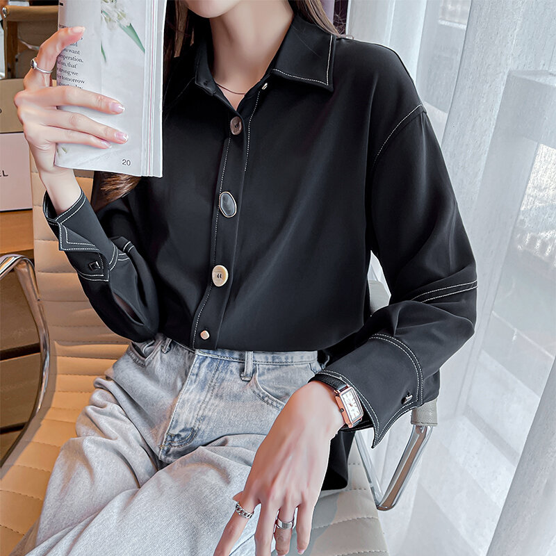 Blusa de manga larga holgada para Mujer, camisa elegante lisa con botones grandes para oficina, cuello vuelto