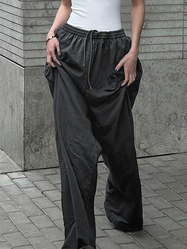Iamsure casual básico solto calças de perna larga streetwear sólido baggy cintura elástica mid-waisted calças femininas 2022 outono primavera