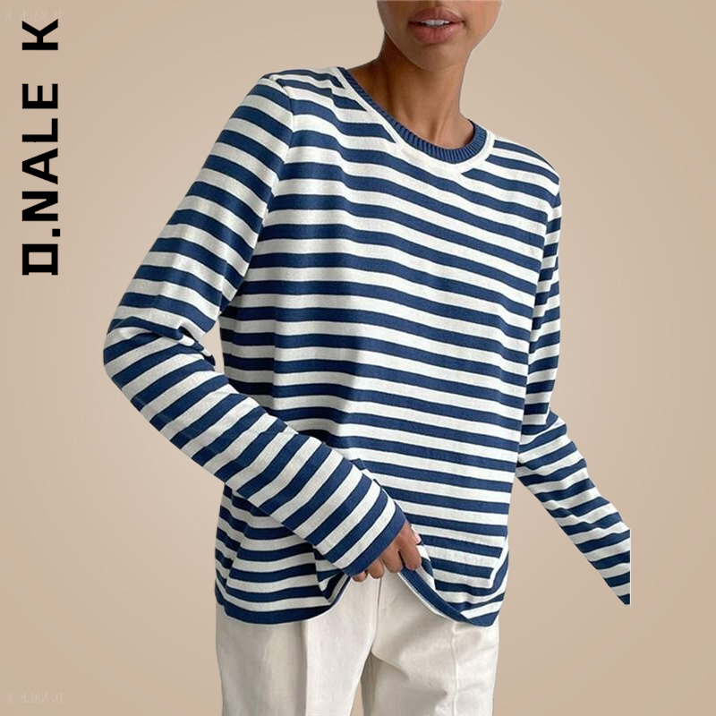 D.Nale K Knitted Long Sleeve O Neck Pullover Women Fashion Striped Loose Sweater Elegant 2022 Autumn Winter Korean Jumper Tops