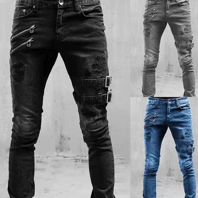 Homens Slim Biker Rasgado Calças Longas Denim Skinny Jeans Pocket Side Straps e Zips Calças de Jogging Masculinas Calças Elásticas Destruídas