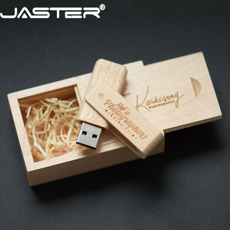 JASTER 64GB Logotipo Personalizado Gratuitamente USB Flash Drives Pen drive 32GB 16GB 8GB Nogueira caixa de rotação de madeira Memory Stick de Armazenamento Externo 128GB