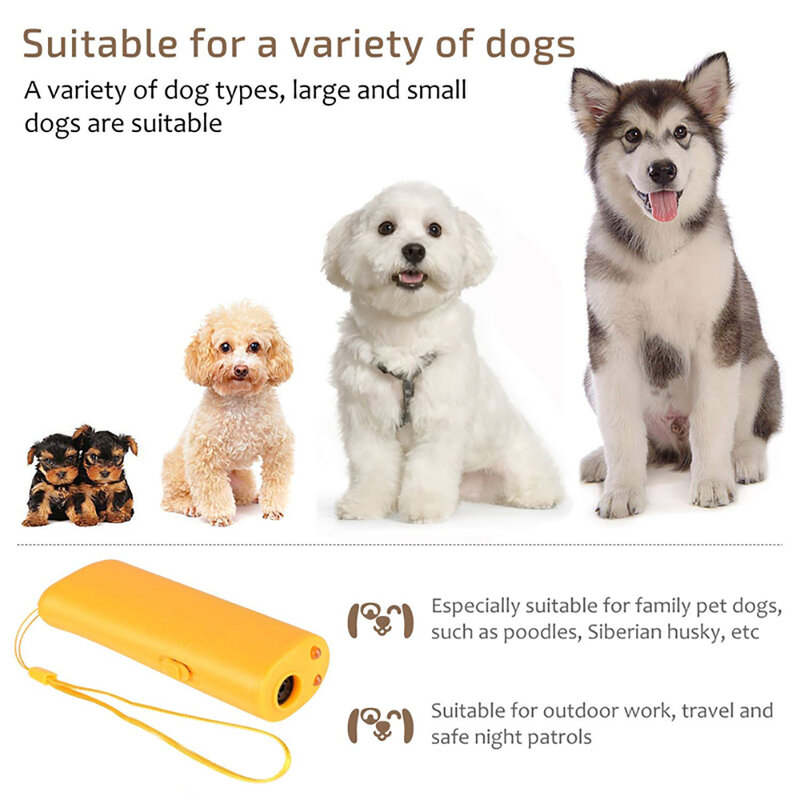 Dispositif répulsif anti-aboiement, accessoire 3 en 1, pour chiens, appareil d'entraînement à LED, ultrasonique, sans batterie