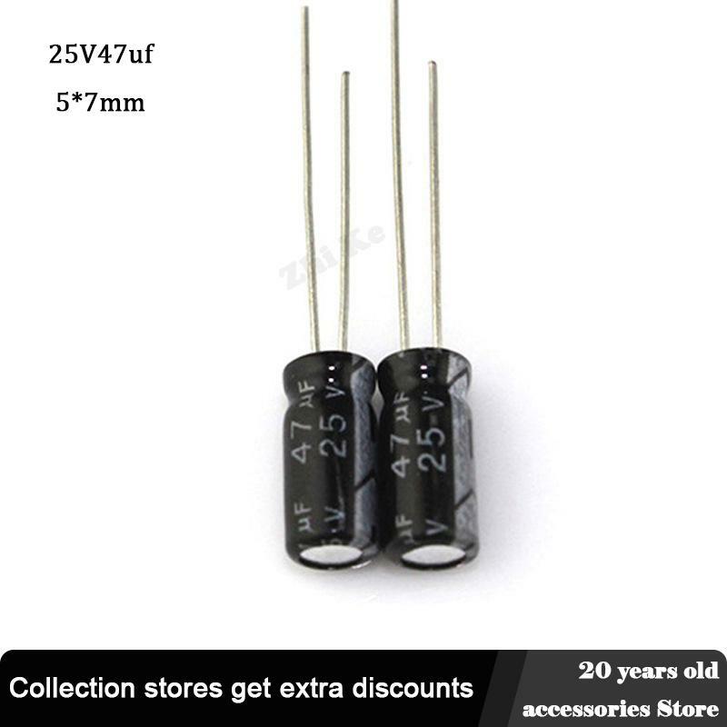 50 pces 25v 47uf 5*7mm baixo capacitor eletrólito de alumínio esr 20% capacitores elétricos