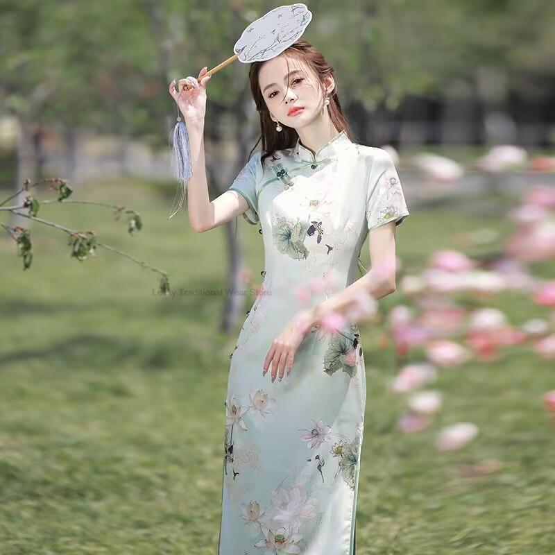 Novo Verão Fresco Melhorado Diário Elegante Retro Estilo Chinês Mulheres Longo Cheongsam Flor Impressão Manga Curta Qipao