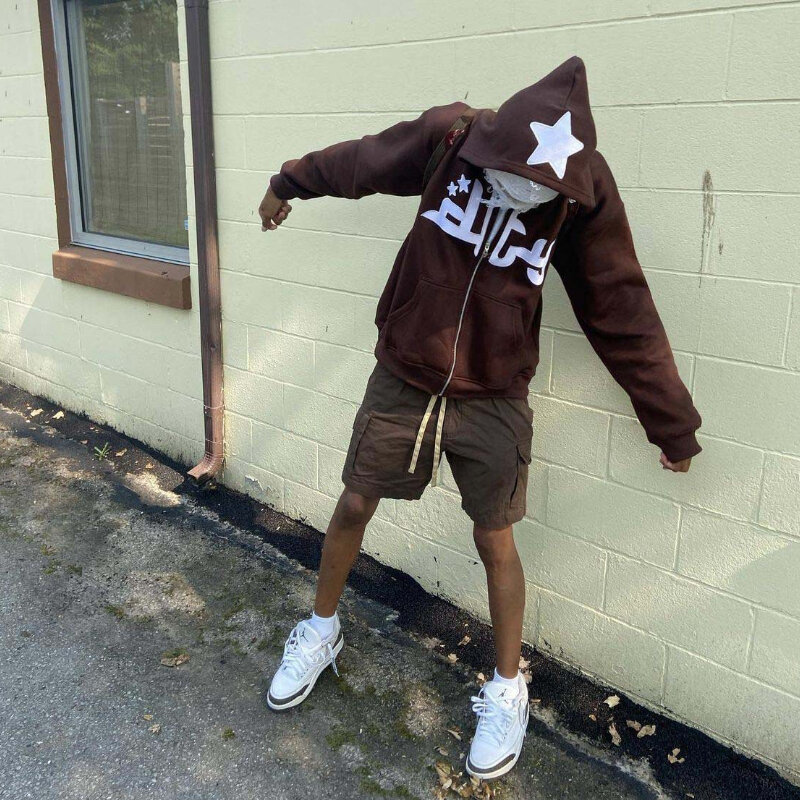Hoodie Gambar Huruf Bintang Mantel Jaket Longgar Lengan Panjang Zip Up Mode Pria Kaus Bertudung Gotik Harajuku Pakaian Remaja Y2K