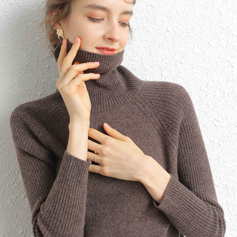 Camisola de gola alta feminina 100% lã de caxemira camisola de manga comprida outono inverno camisola de tricô feminino camisola pulôver feminino