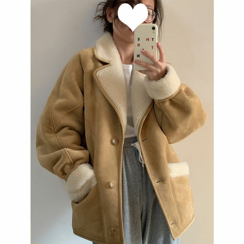 Damski płaszcz z owczej skóry, jasnobrązowy, koreański, jesienny i zimowy, w stylu vintage, gruba ocieplana kurtka z bawełny