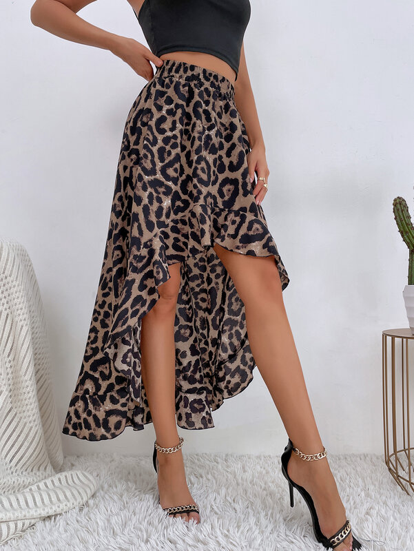 Summer Women's Comfortable Casual Leopard Printing High Waist Long Dress Fold Bohemian Large Swing A-line Skirts