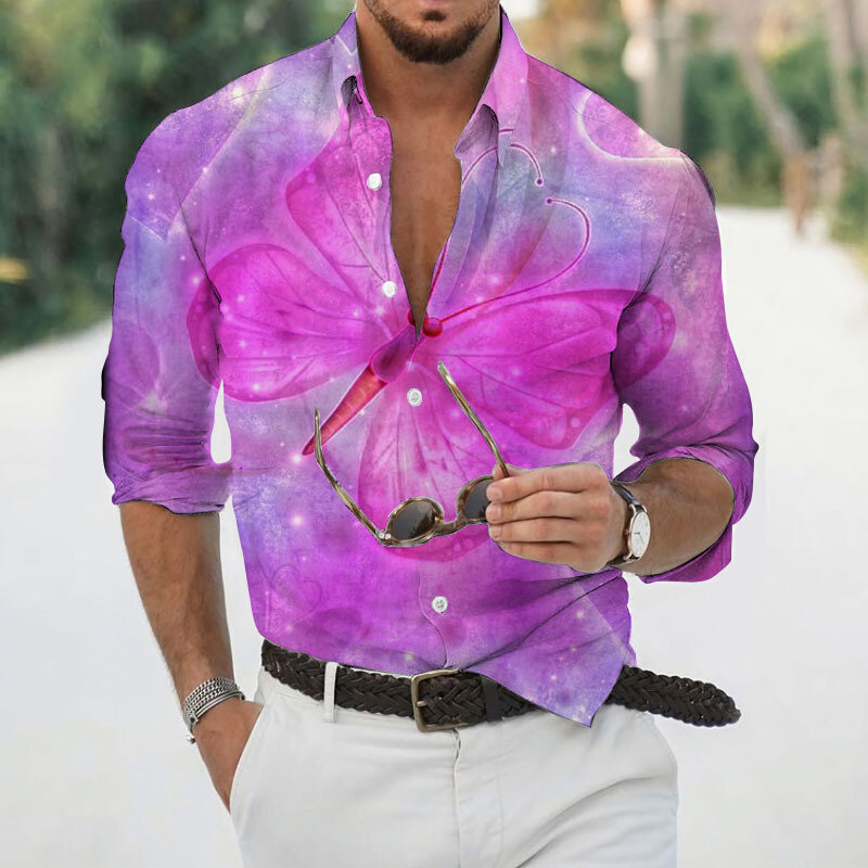 2022 Гавайская Мужская рубашка с длинным рукавом, крутая тонкая футболка с принтом-бабочкой, Мужская одежда, мужские повседневные топы, футбо...