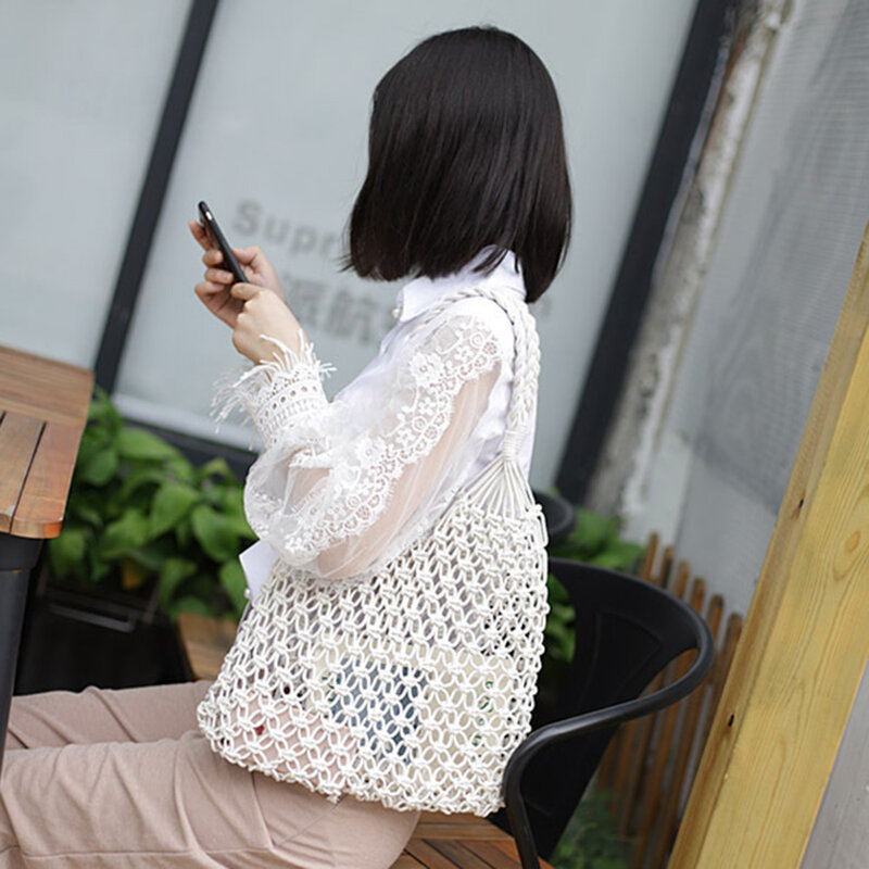 비치 짚 숄더 가방 여성 패션 짠 여름 휴가 구매자 가방 재사용 가능한 코튼 할로우 Fishnet 피크닉 토트 핸드백