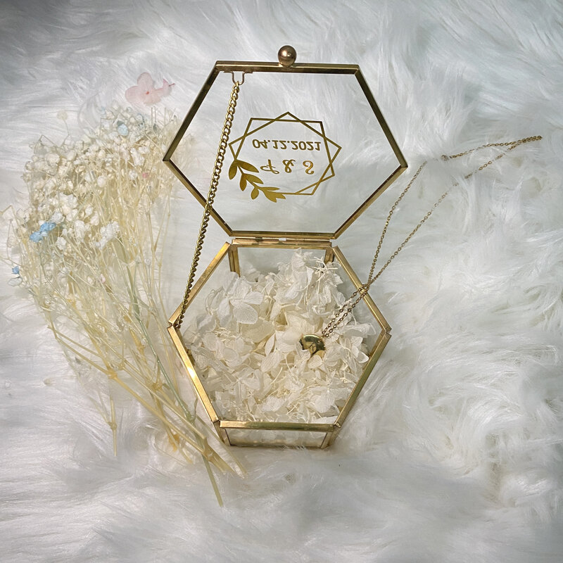 Caixa de anel de casamento personalizado caixa de anel de vidro hexagonal de noivado diy presente da dama de honra da noiva presentes de festa personalizados do dia dos namorados