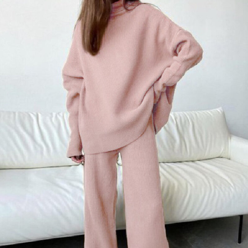 Rosa terno de malha feminino macio gola alta manga longa camisola ampla perna calças commuter 2 peças define outono inverno homewear