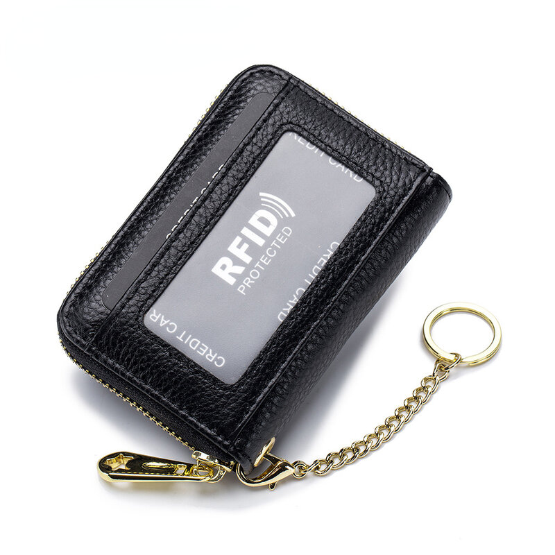 Business Card Holder Wallet Genuine Leather Zipper Pocket Unisex Multi-function Anti-Theft Scan Hanging Key Soft Wear-resistant