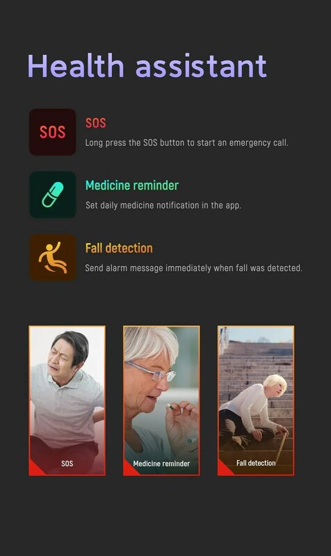 كشف سقوط SOS لتحديد المواقع مكافحة خسر المسنين الرجال 4G Smartwatch معدل ضربات القلب ضغط الدم درجة الحرارة Reloj ساعة ذكية IOS أندرويد