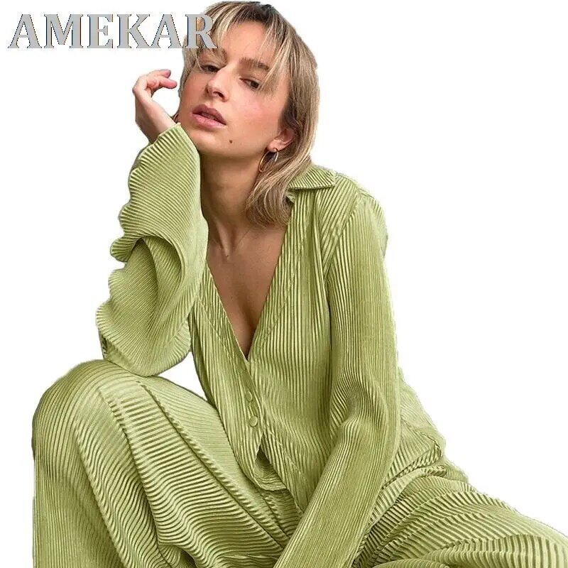 Casual Ladies Office 2 Piece Sets Summer Women Outfit Long Sleeve Shirt And Loose Pants Green Pleated Suit Female