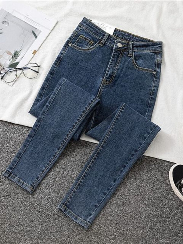 Jeans Pinggang Tinggi Wanita Musim Gugur Baru Celana Ketat Ramping Musim Semi Kasual Anak Perempuan Celana Denim Hitam Fashion Wanita Jeans Pensil Elastis