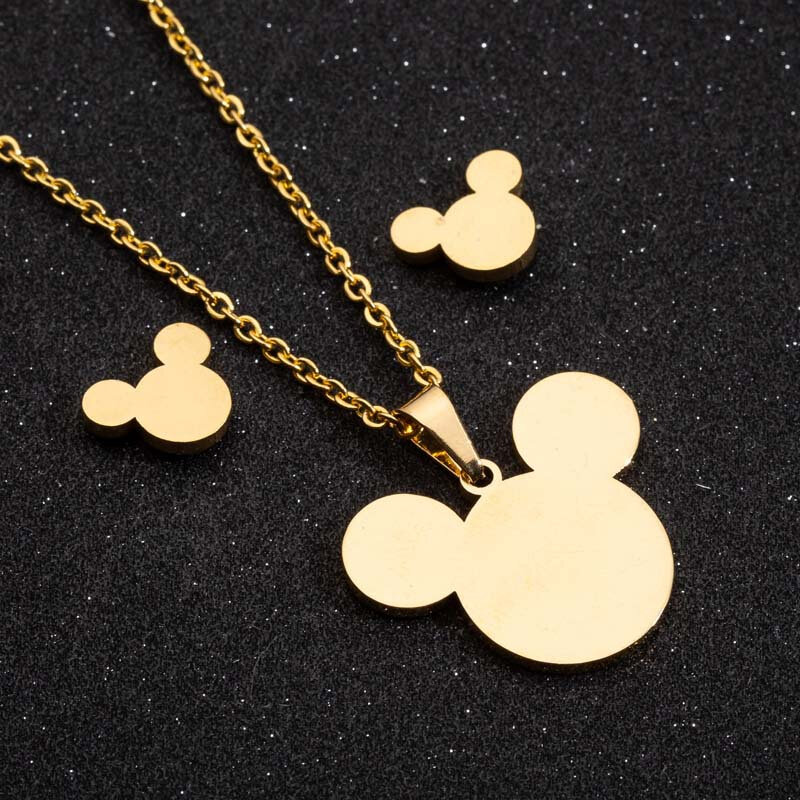 ディズニーとミッキーマウスのデザインが施されたゴールドネックレスとイヤリング,動物のデザインが施されたジュエリーセット,ステンレス鋼